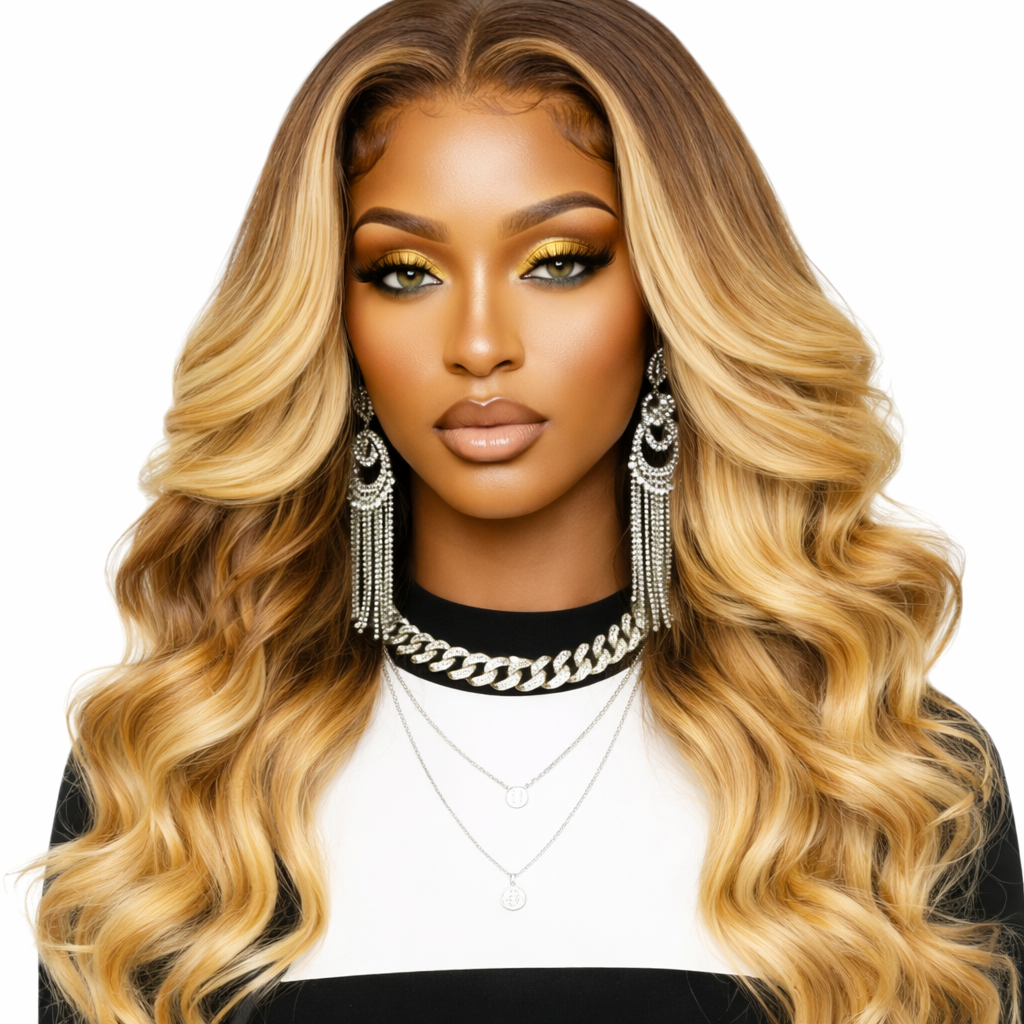 Brown Ombre Brazilian Hair 24' Glueless Piano Body Wave Human Hair Pre-cut Lace Front Wig